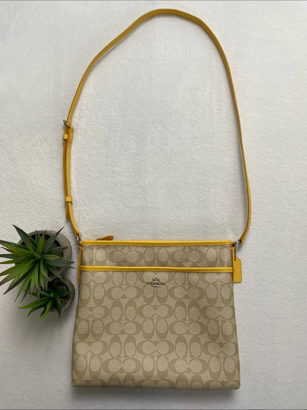 Coach Signature Coated Canvas File Bag | Adjustable Strap | Light Khaki/Canary